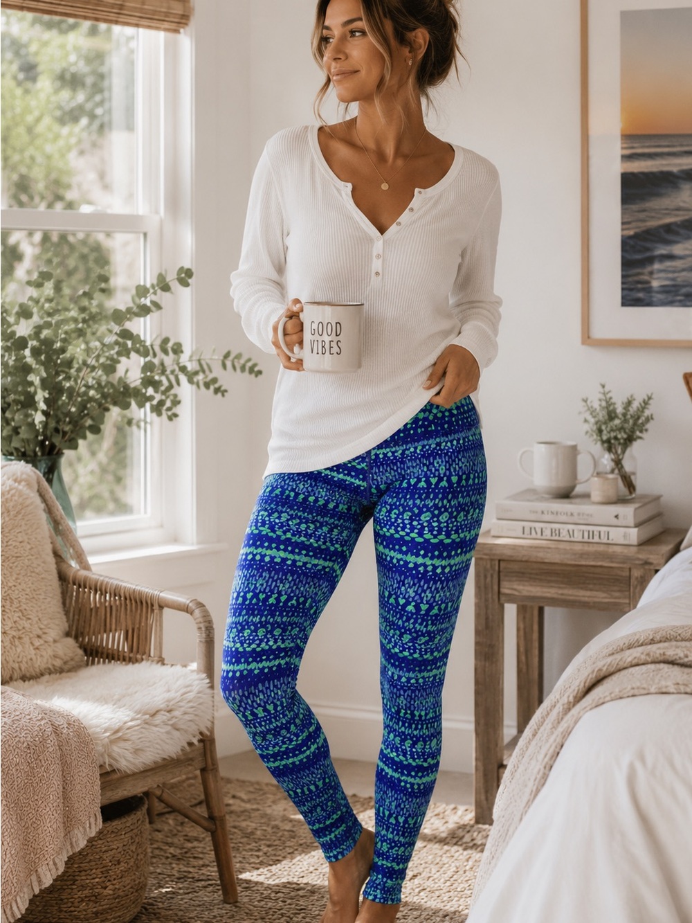 Aerie Womens S Blue Green Patterned Leggings Active Yoga Pants Stretch Comfort